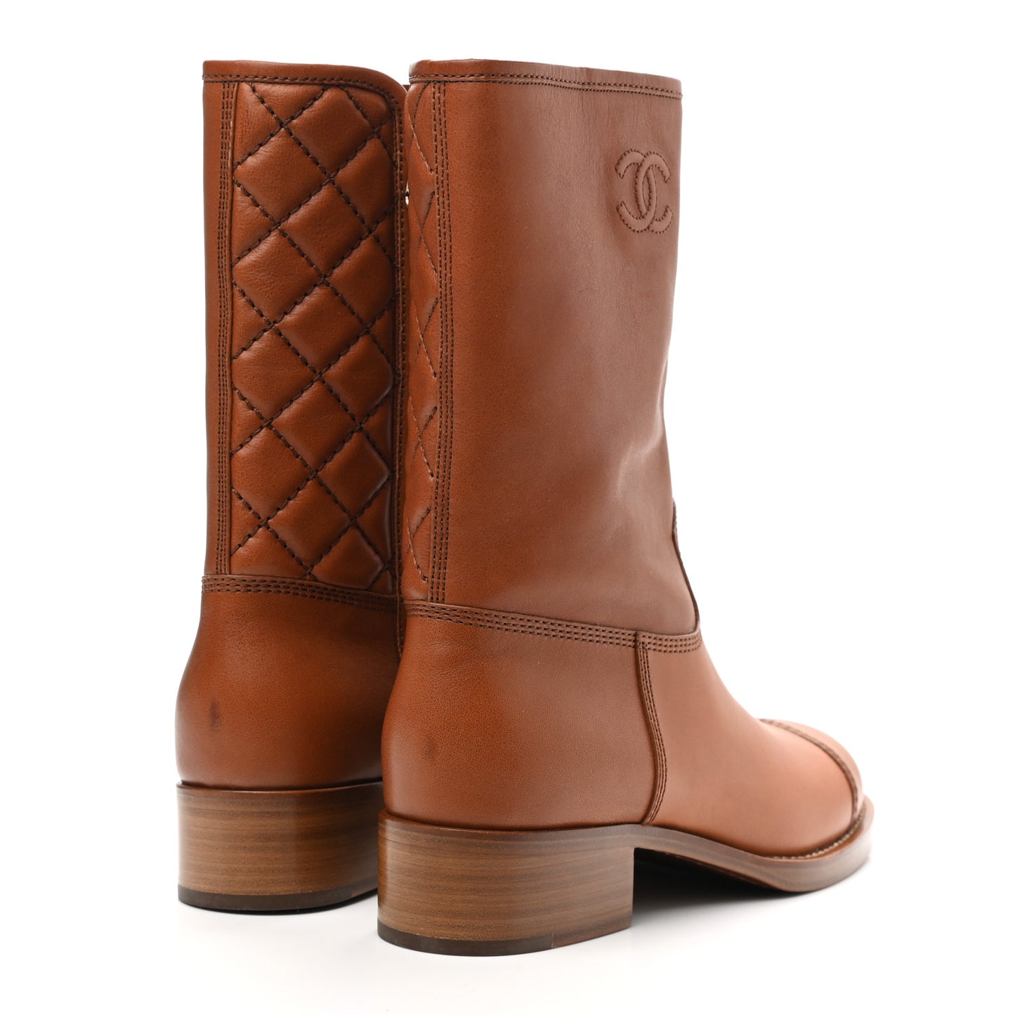 Calfskin CC Logo Mid Calf Boots 38.5 Caramel