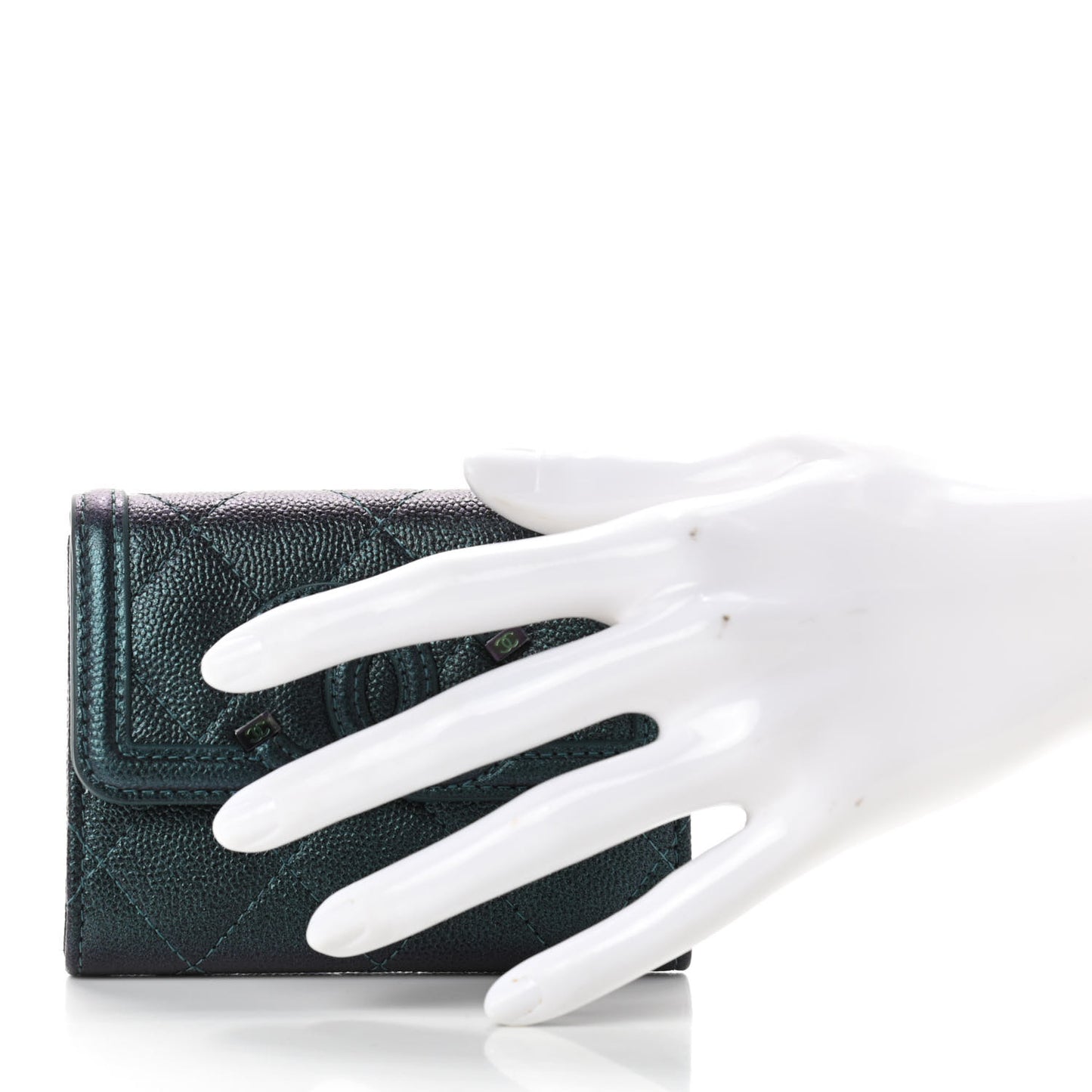 Iridescent Caviar Quilted Filigree Flap Card Holder Dark Turquoise