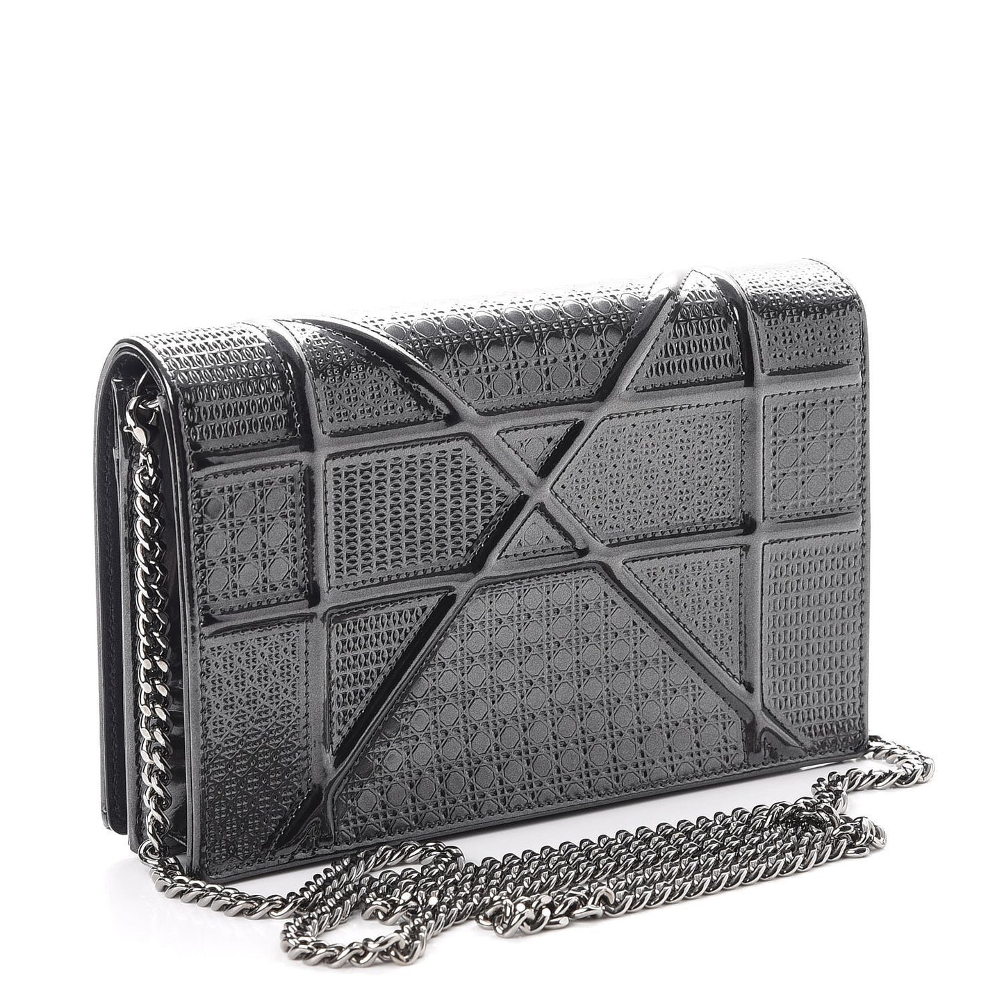 Metallic Patent Micro-Cannage Diorama Wallet on Chain Pouch Onyx Black