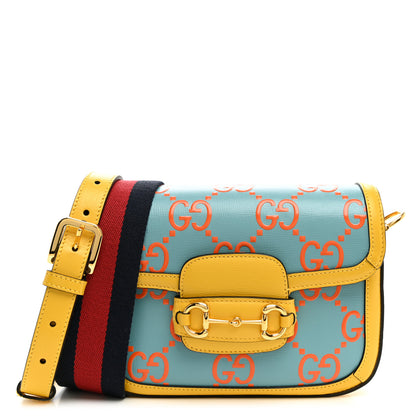 Gucci Azalea Calfskin GG Monogram Bi-Color Debossed Mini Horsebit 1955 Shoulder Bag Dusty Azure Stone Topaz Deep Orange 1 of 11