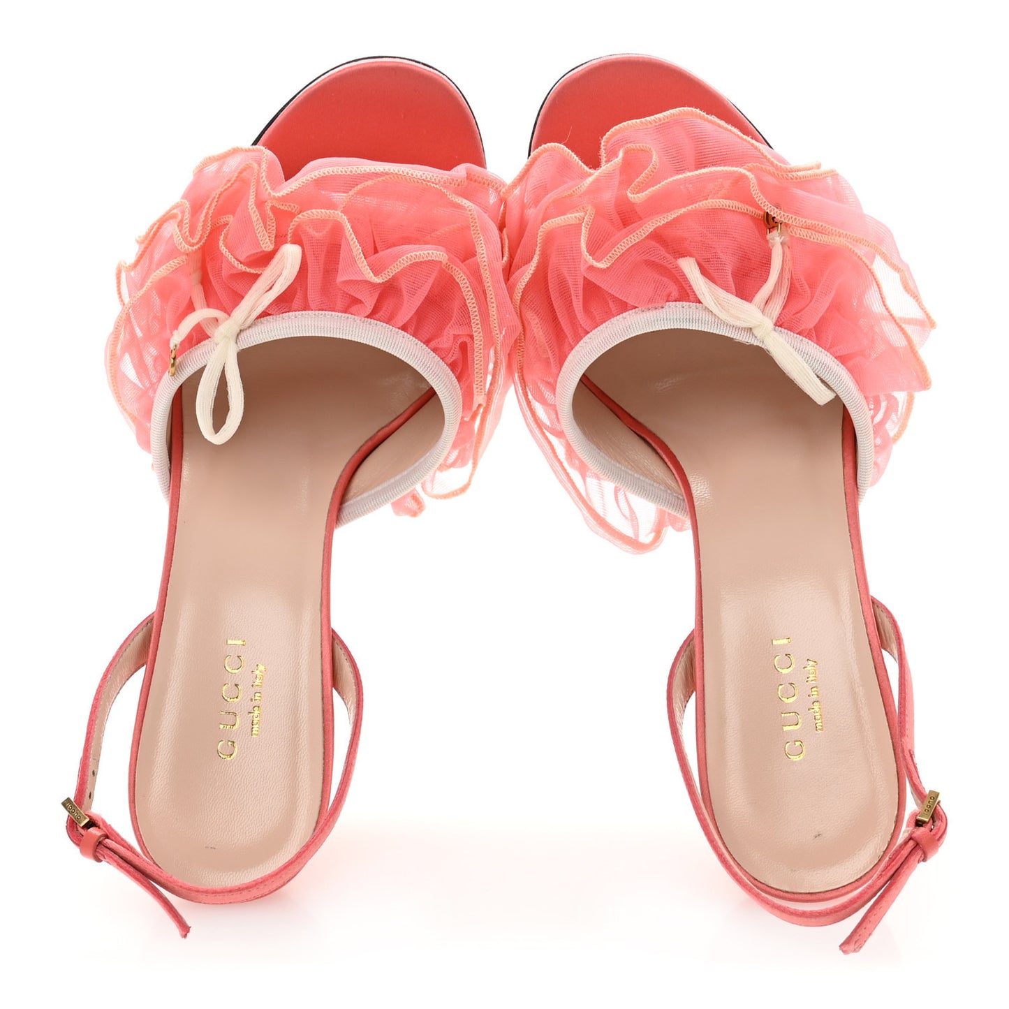 Tulle Ruffle Mid Heel Slingback Sandals 36 Peach White