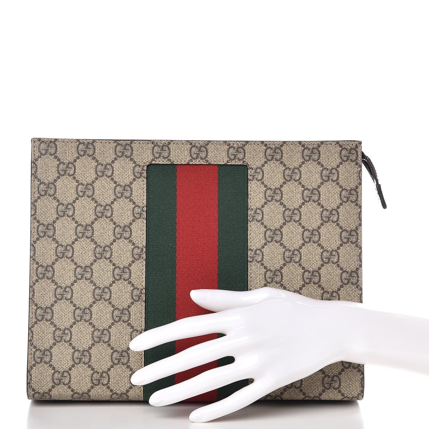 GG Supreme Monogram Selleria Calfskin Web New Web Cosmetic Case Beige Ebony Cocoa