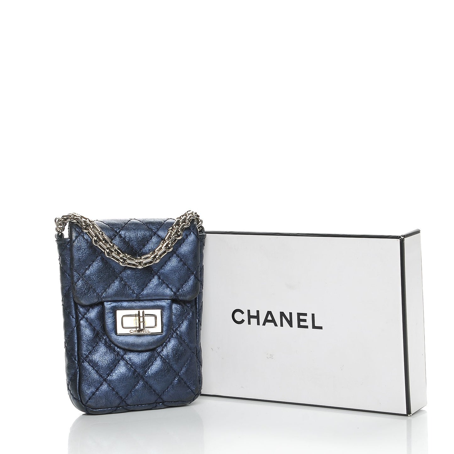 Metallic Aged Calfskin Quilted 2.55 Reissue Phone Case Blue