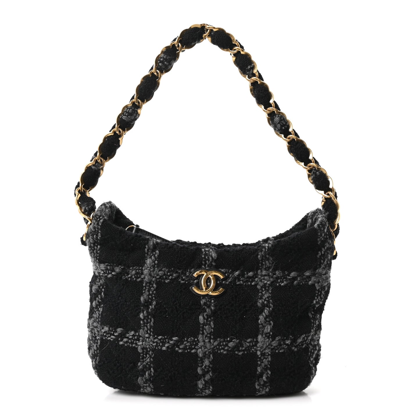 Cashmere Tweed Quilted CC Links Hobo Black Grey