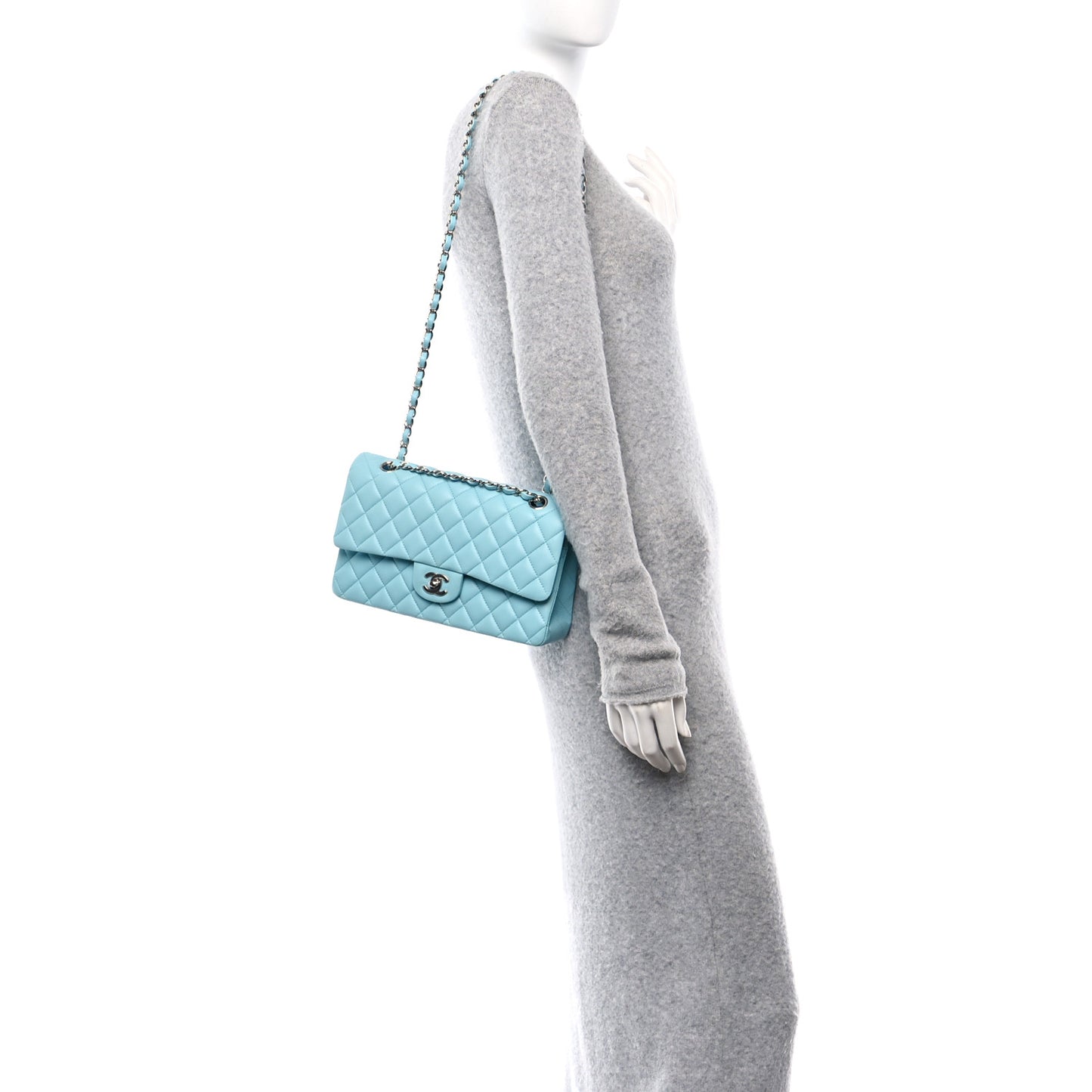 Lambskin Quilted Medium Double Flap Neon Blue