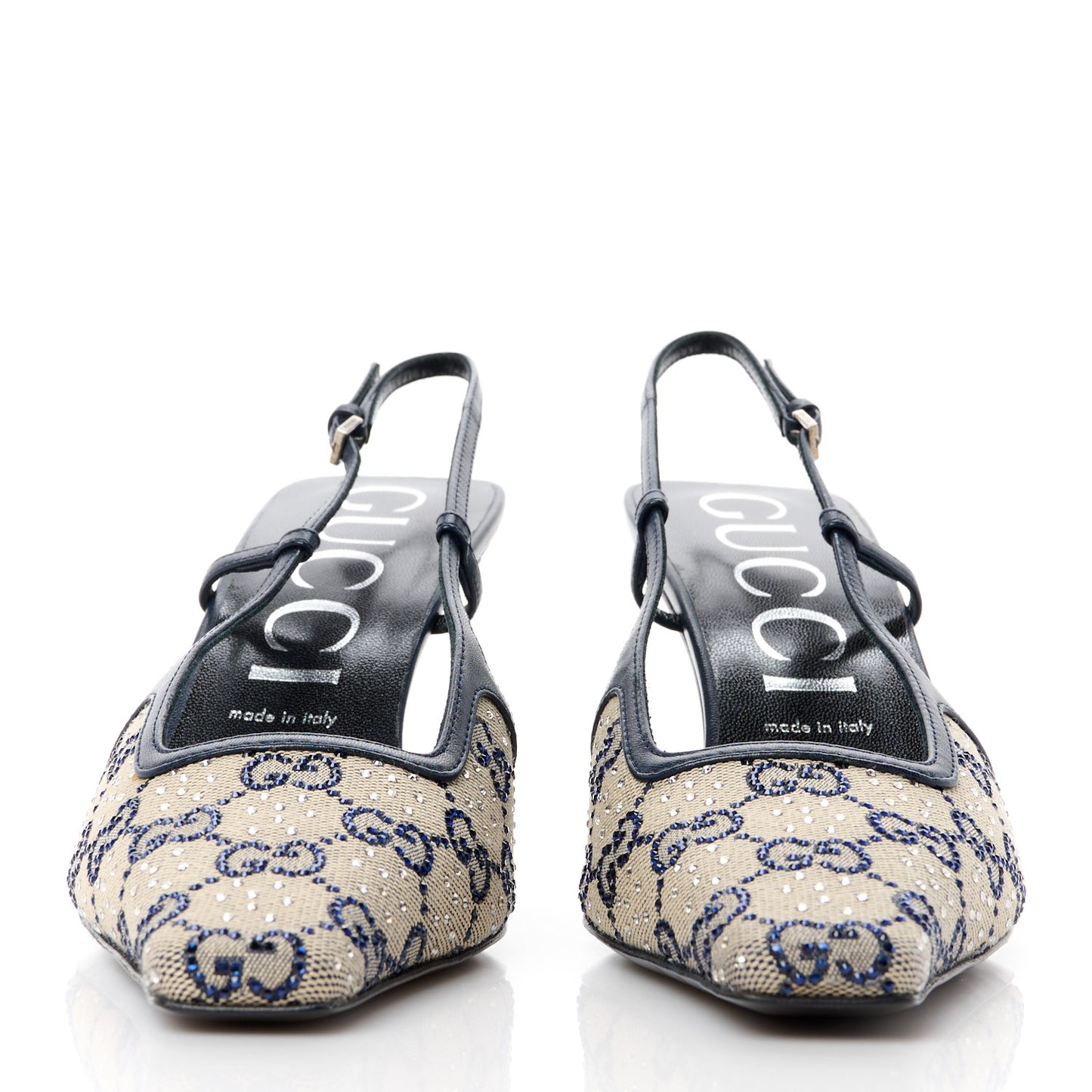 GG Monogram Malaga Kid Crystal Square G 75mm Slingback Pumps 40 Beige Blue