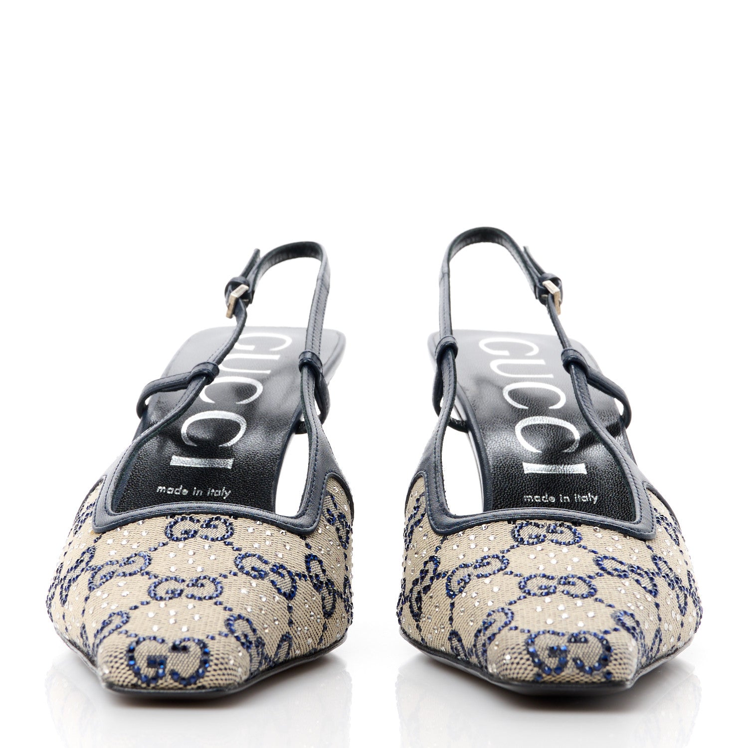 Gucci GG Monogram Malaga Kid Crystal Square G 75mm Slingback Pumps 40 Beige Blue 2 of 9