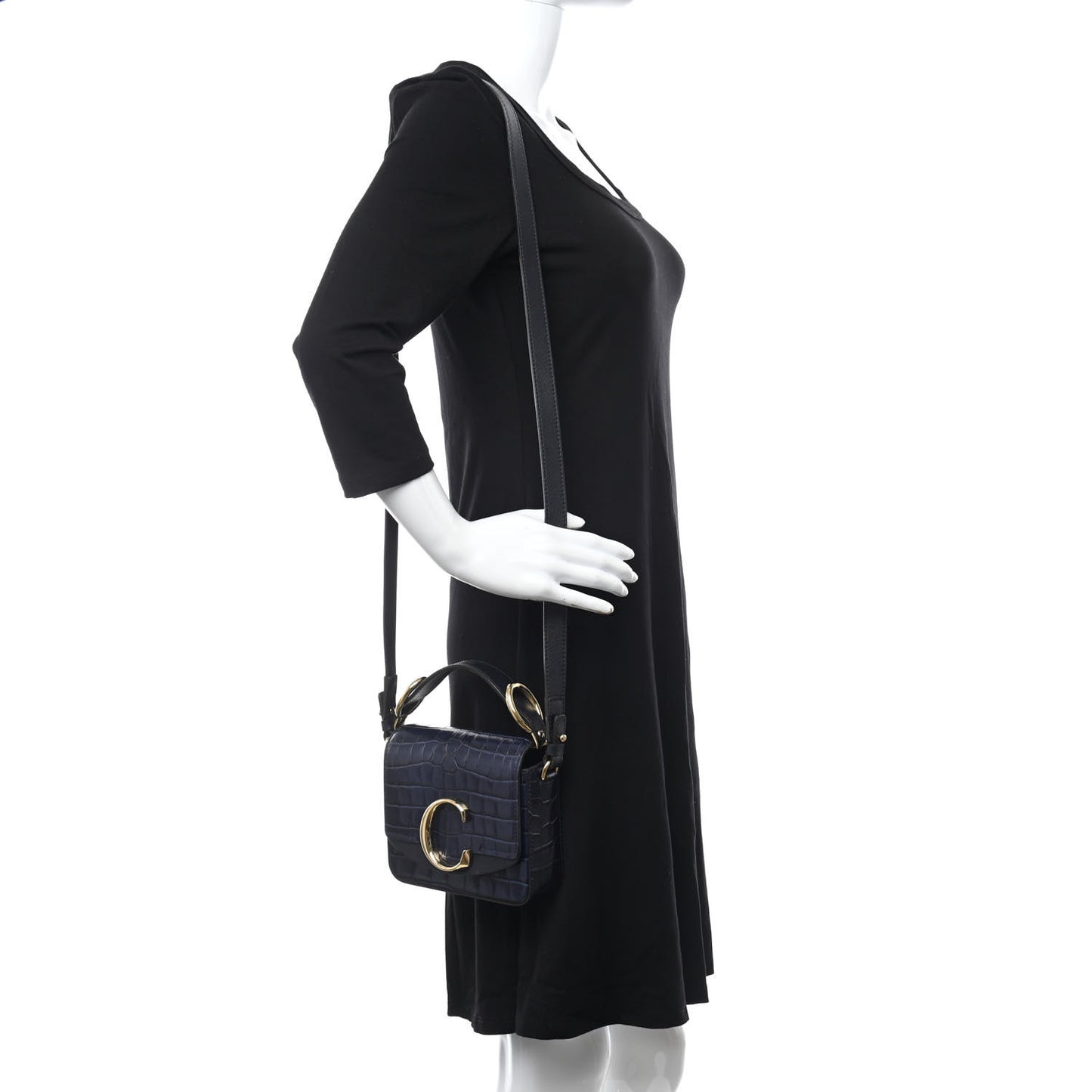 Calfskin Crocodile Embossed Mini C Double Carry Full Blue