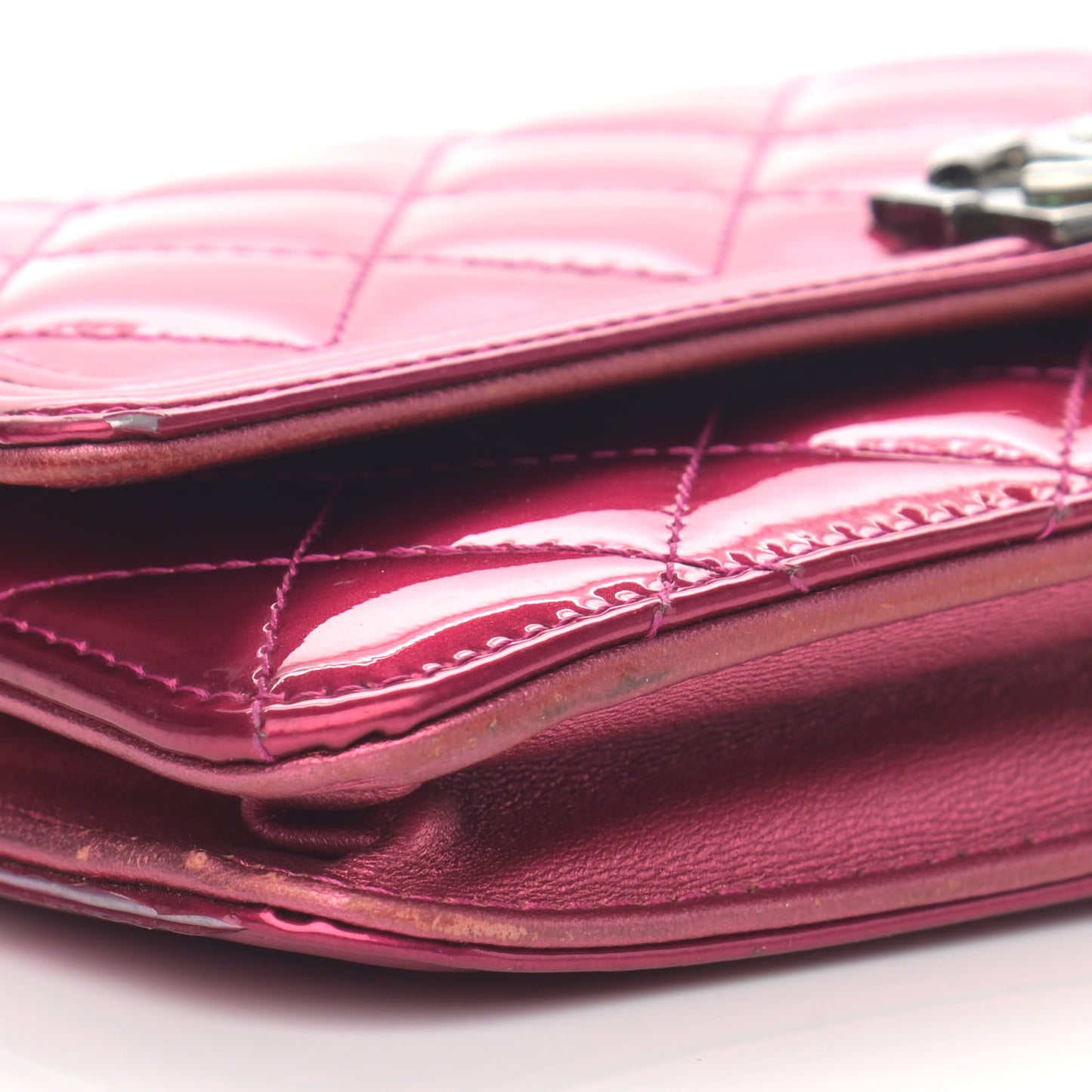 Metallic Patent Calfskin Quilted Boy Wallet On Chain WOC Fuchsia