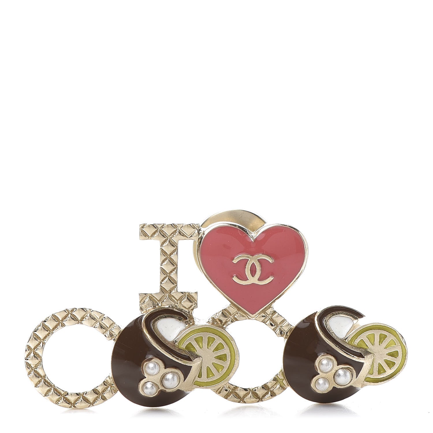Chanel Metal Resin Pearl I Love Coco Brooch Gold Brown Pink 1 of 6