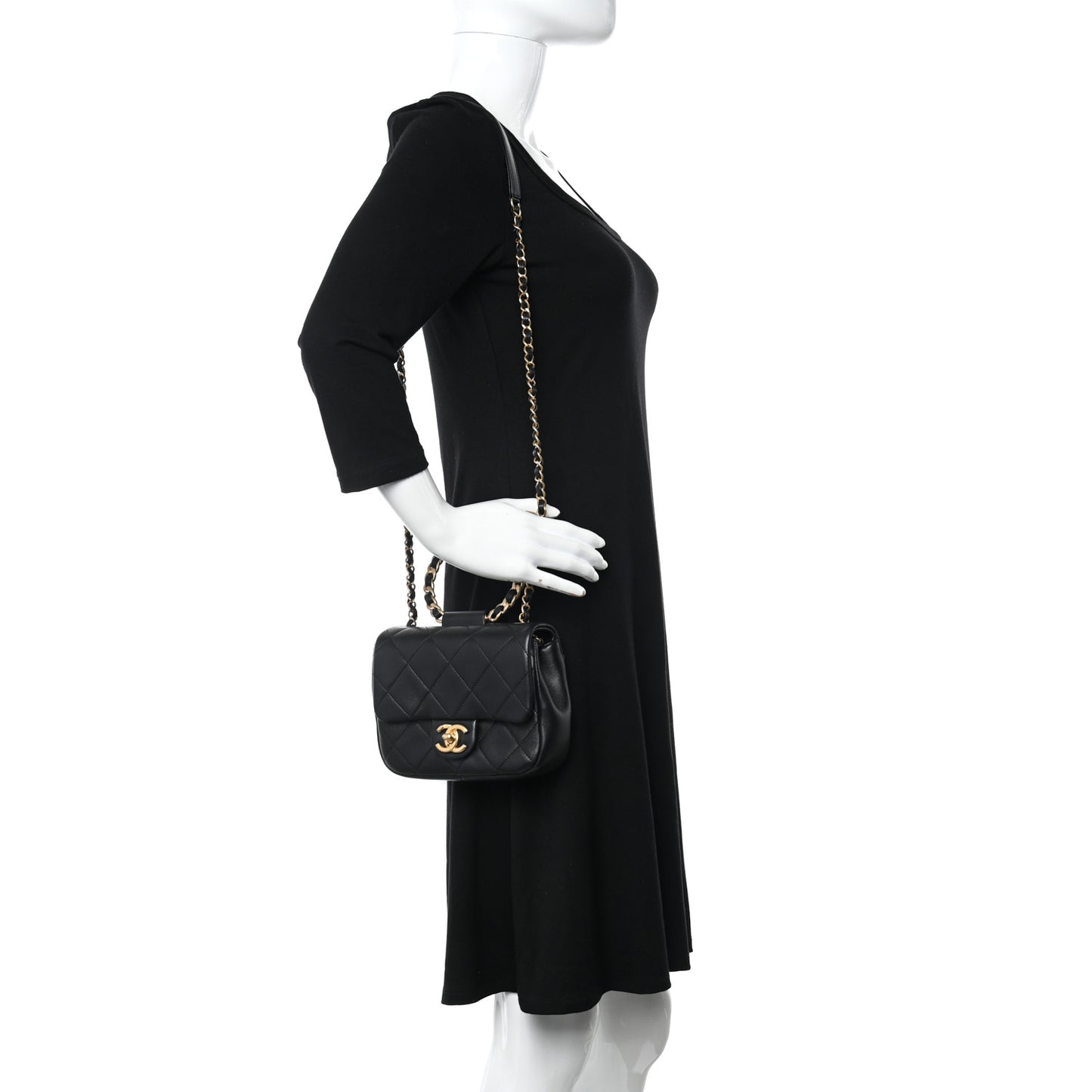 Lambskin Quilted Small Circular Handle Bag Black
