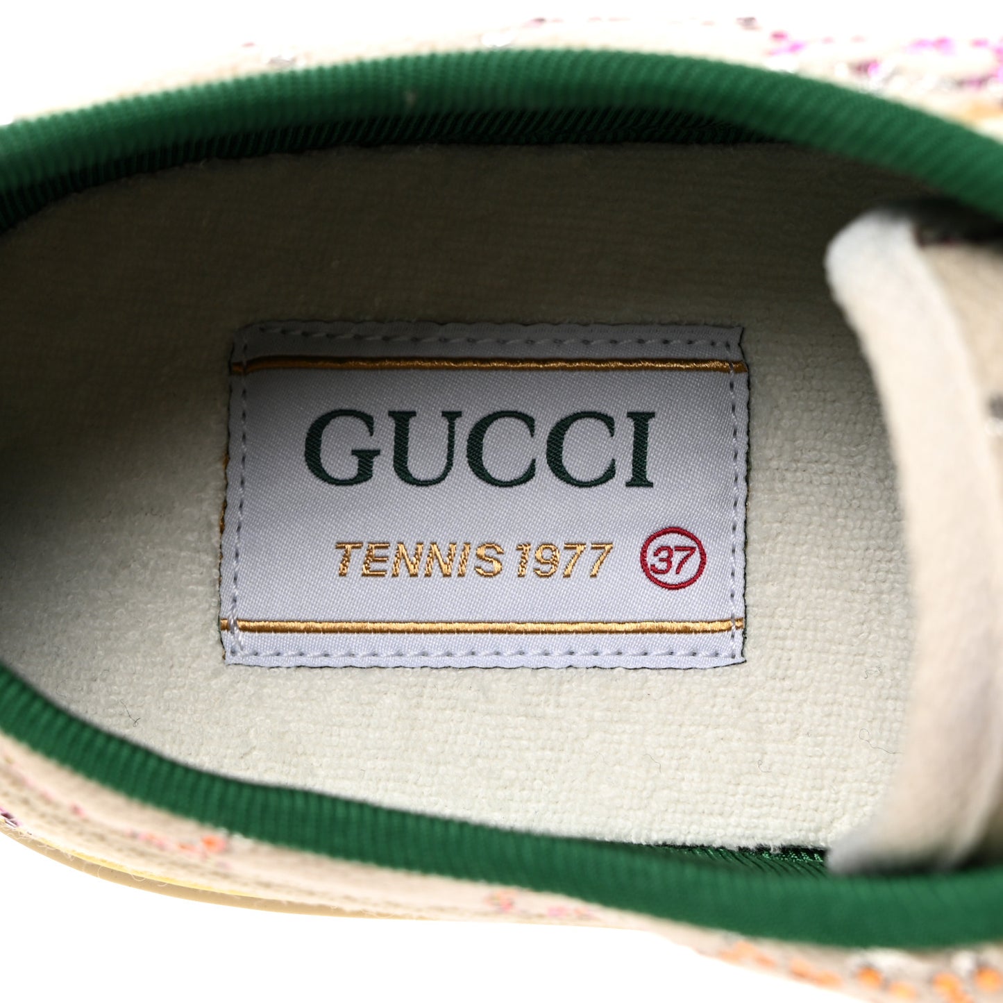Canvas Lame Crystal GG Monogram Womens 1977 Tennis Sneakers 37 Gardenia Silver Mystic White