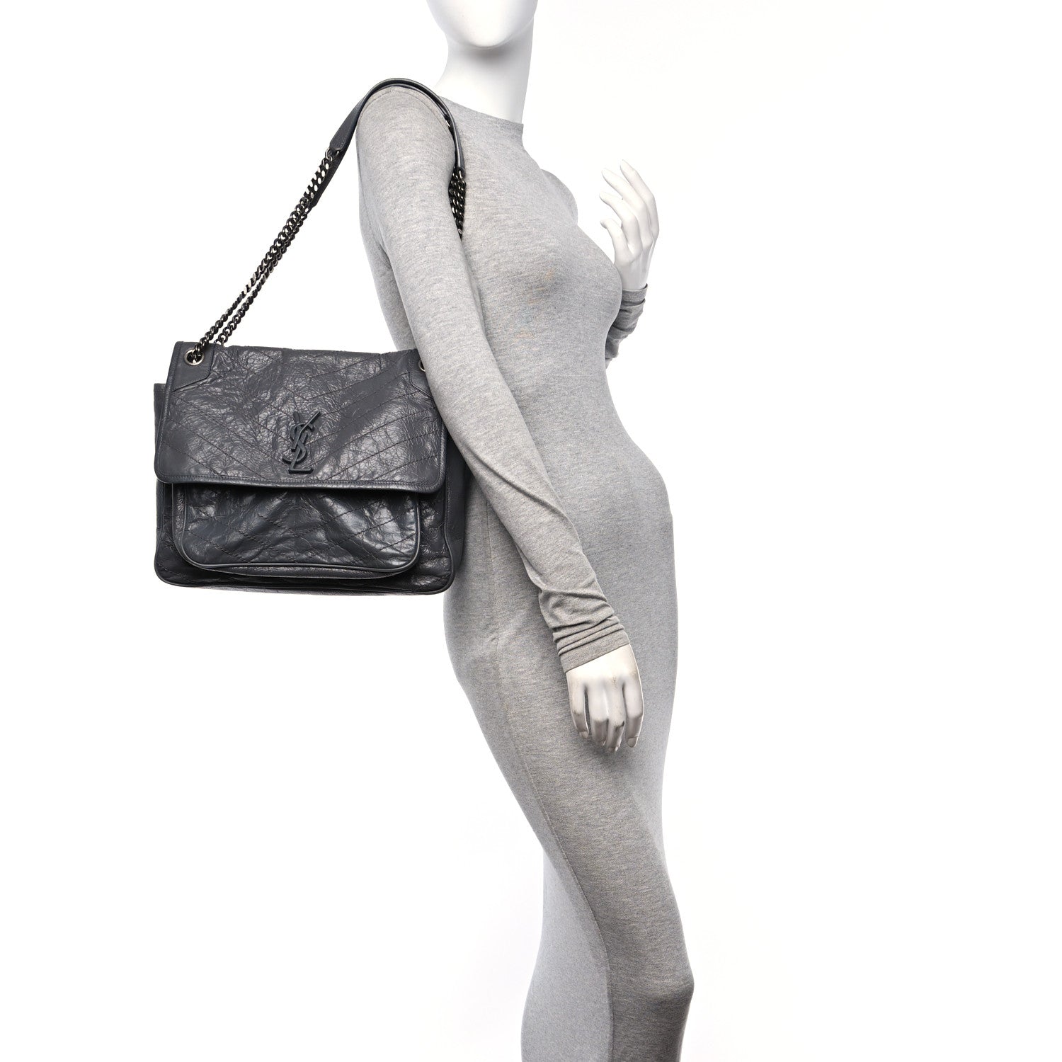 Saint Laurent Crinkled Calfskin Matelasse Monogram Large Niki Chain Satchel Storm 2 of 11