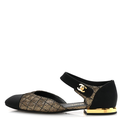 Chanel Laminated Suede Kidskin Grosgrain Quilted Cap Toe Ballerina Flats 37.5 Gold Black 1 of 10