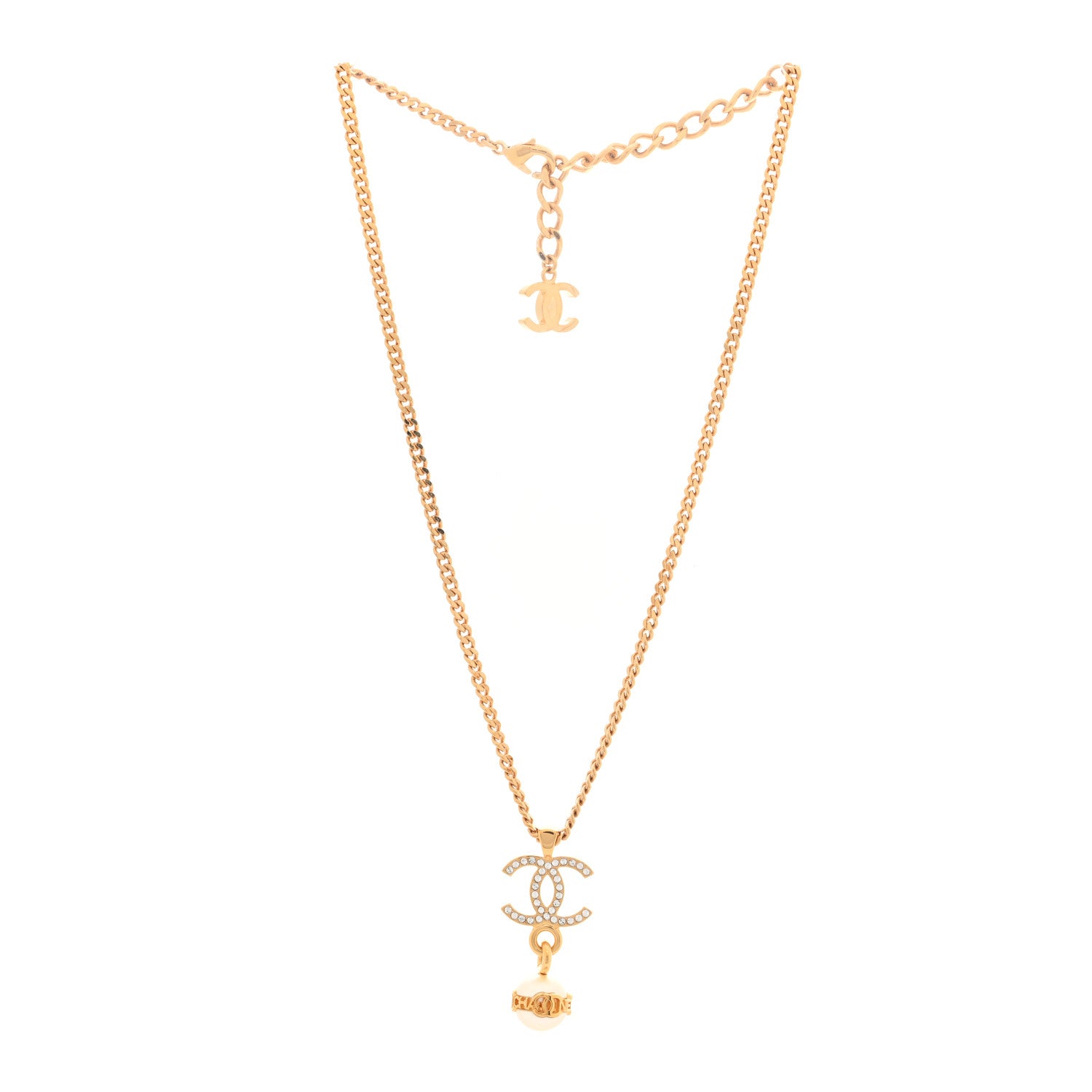 Chanel Crystal CC Pearl Drop Necklace Gold 3 of 4
