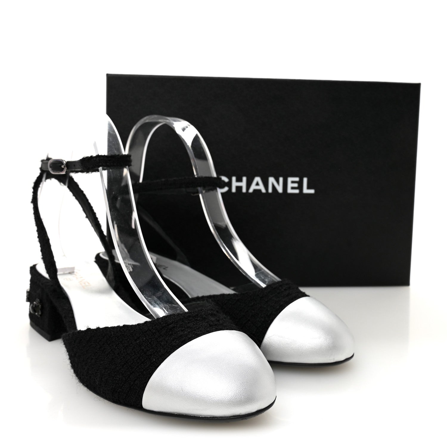 Chanel Tweed Iridescent Calfskin Cap Toe CC Slingback Pumps 38.5 Black Silver 8 of 8