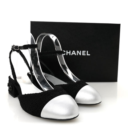 Chanel Tweed Iridescent Calfskin Cap Toe CC Slingback Pumps 38.5 Black Silver 8 of 8
