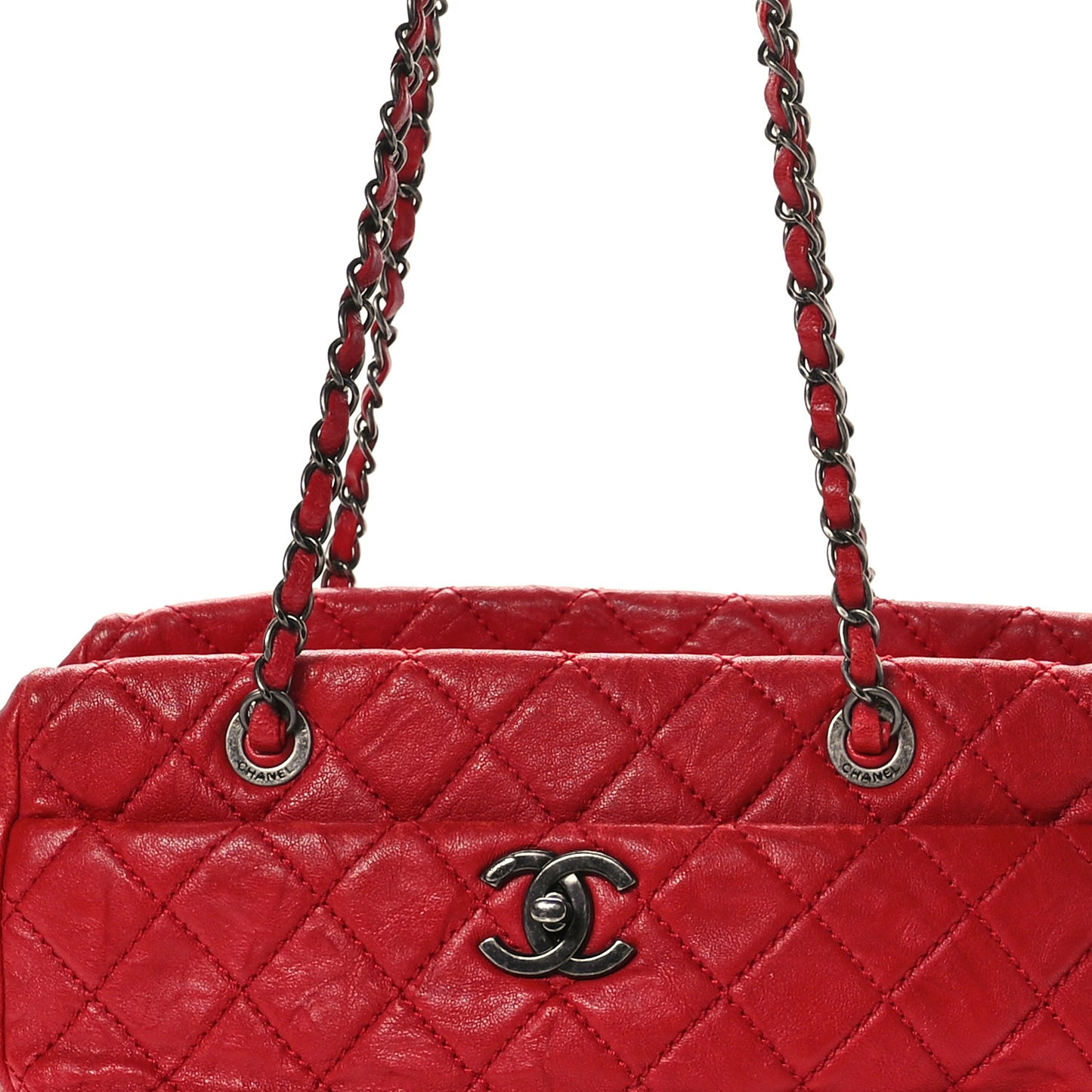 Grained Calfskin Quilted CC Bowler Tote Red