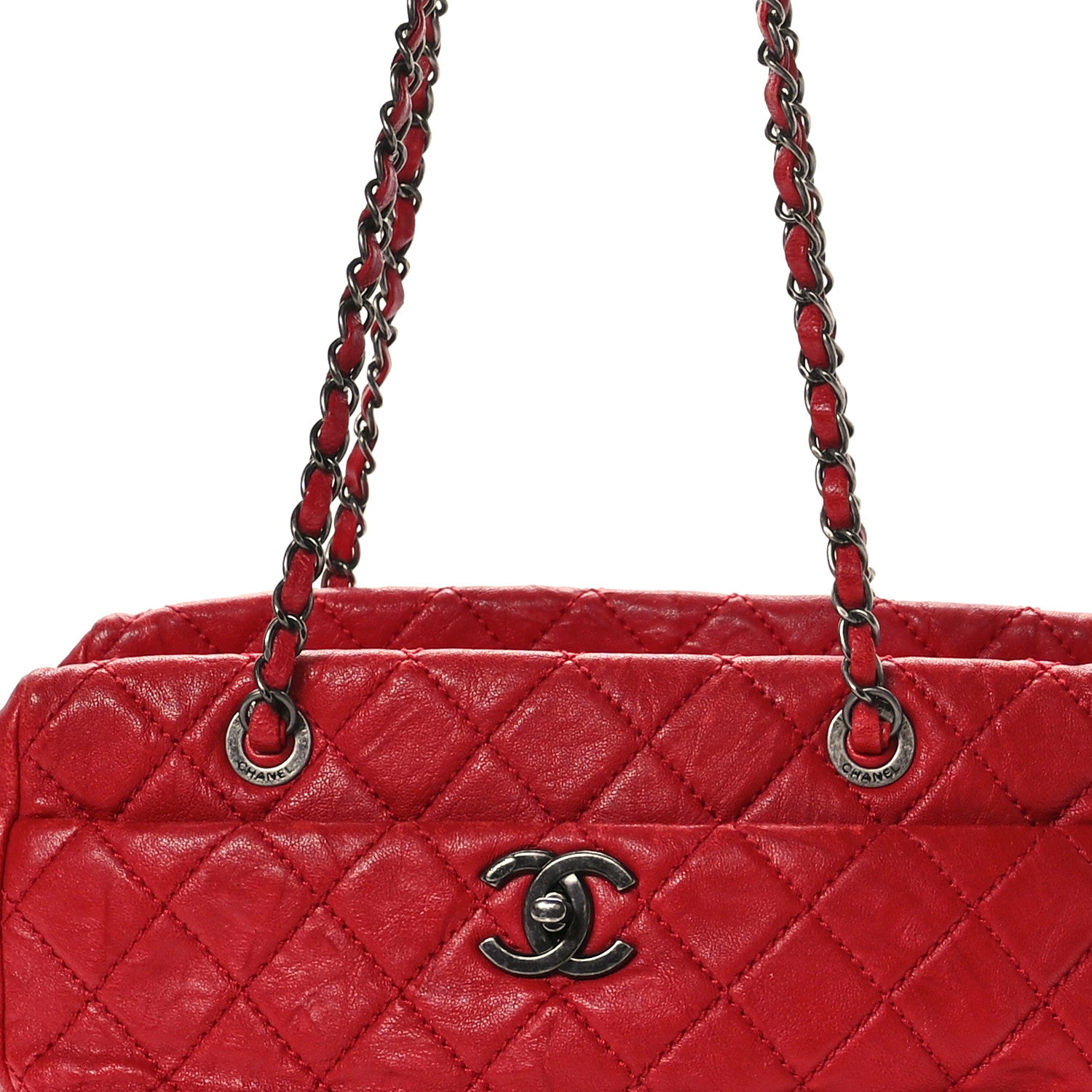 Chanel Grained Calfskin Quilted CC Bowler Tote Red 8 of 10