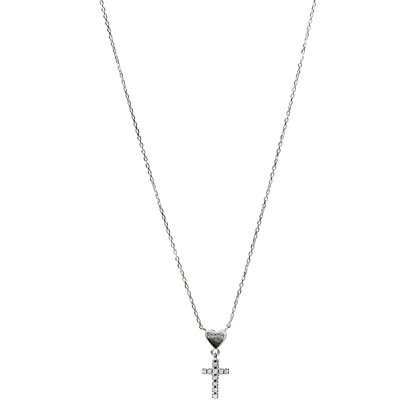 18K White Gold Diamond Heart Cross Pendant Necklace