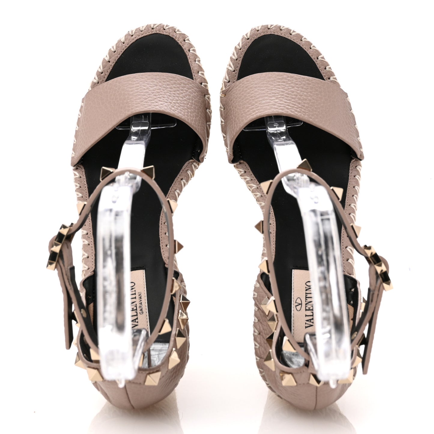 Grained Calfskin Rockstud Ankle Strap Espadrille 15/105mm Wedge Sandals 39 Poudre Natural