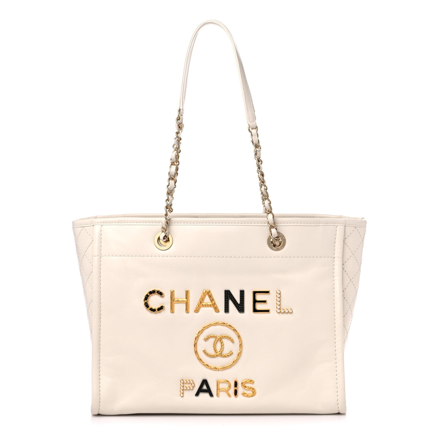 Aged Calfskin Small Charms Deauville Tote White