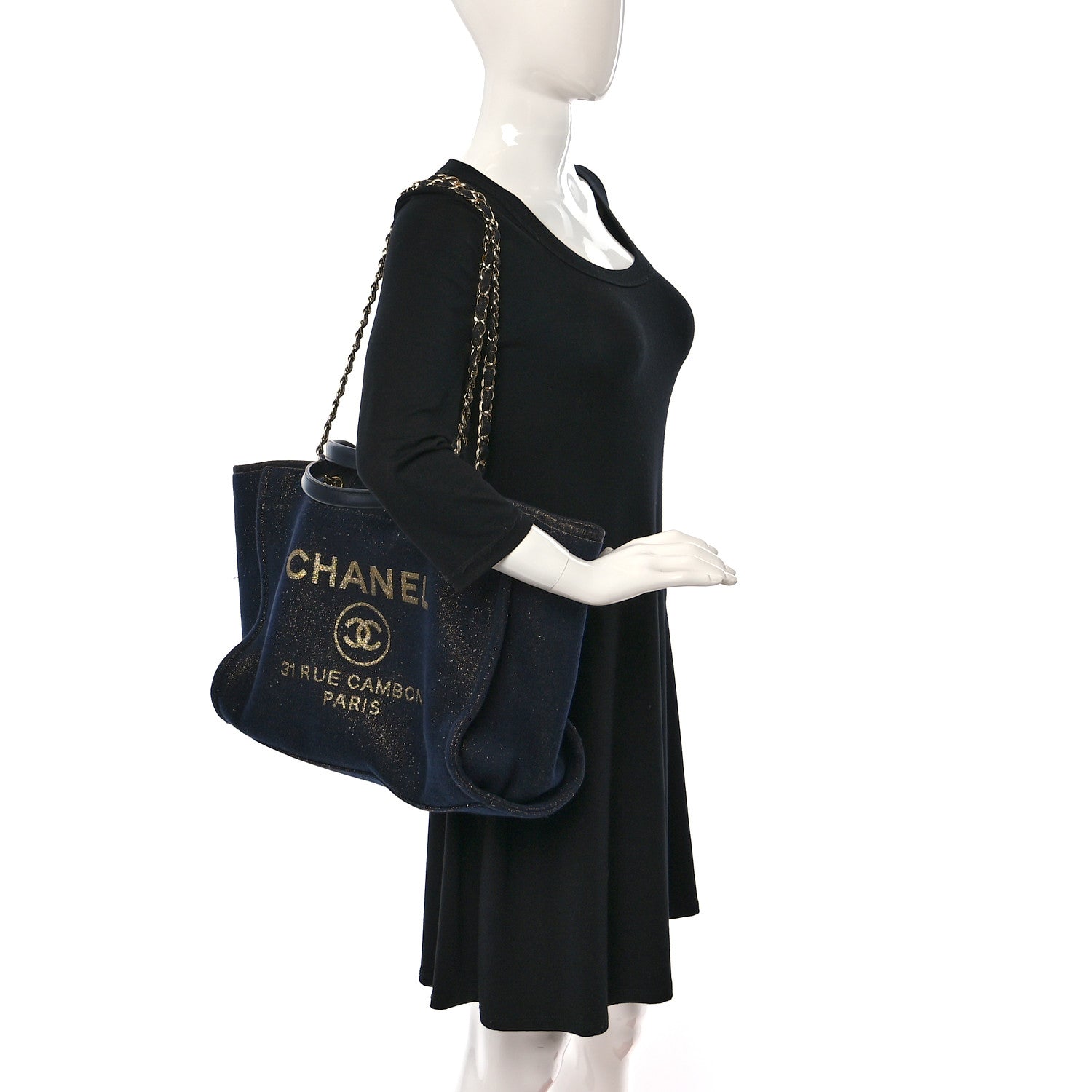 Chanel Lurex Canvas Medium Deauville Tote Navy Blue Gold 2 of 10