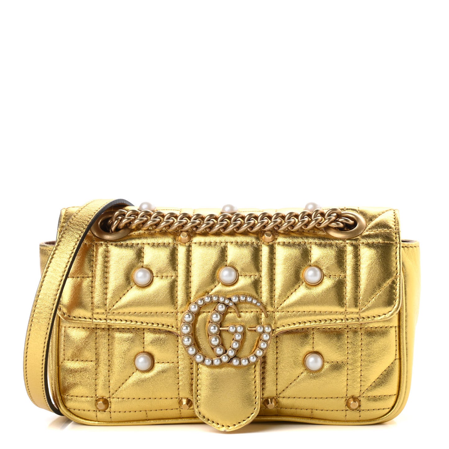 Metallic Calfskin Matelasse Studded Mini Pearly GG Marmont Shoulder Bag Gold