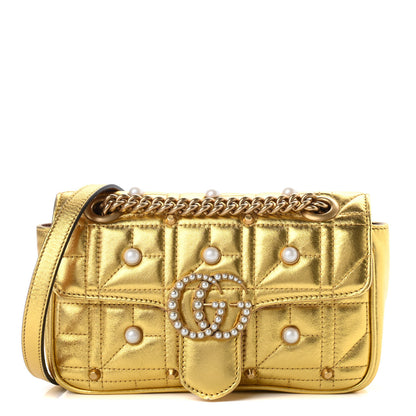 Gucci Metallic Calfskin Matelasse Studded Mini Pearly GG Marmont Shoulder Bag Gold 1 of 10
