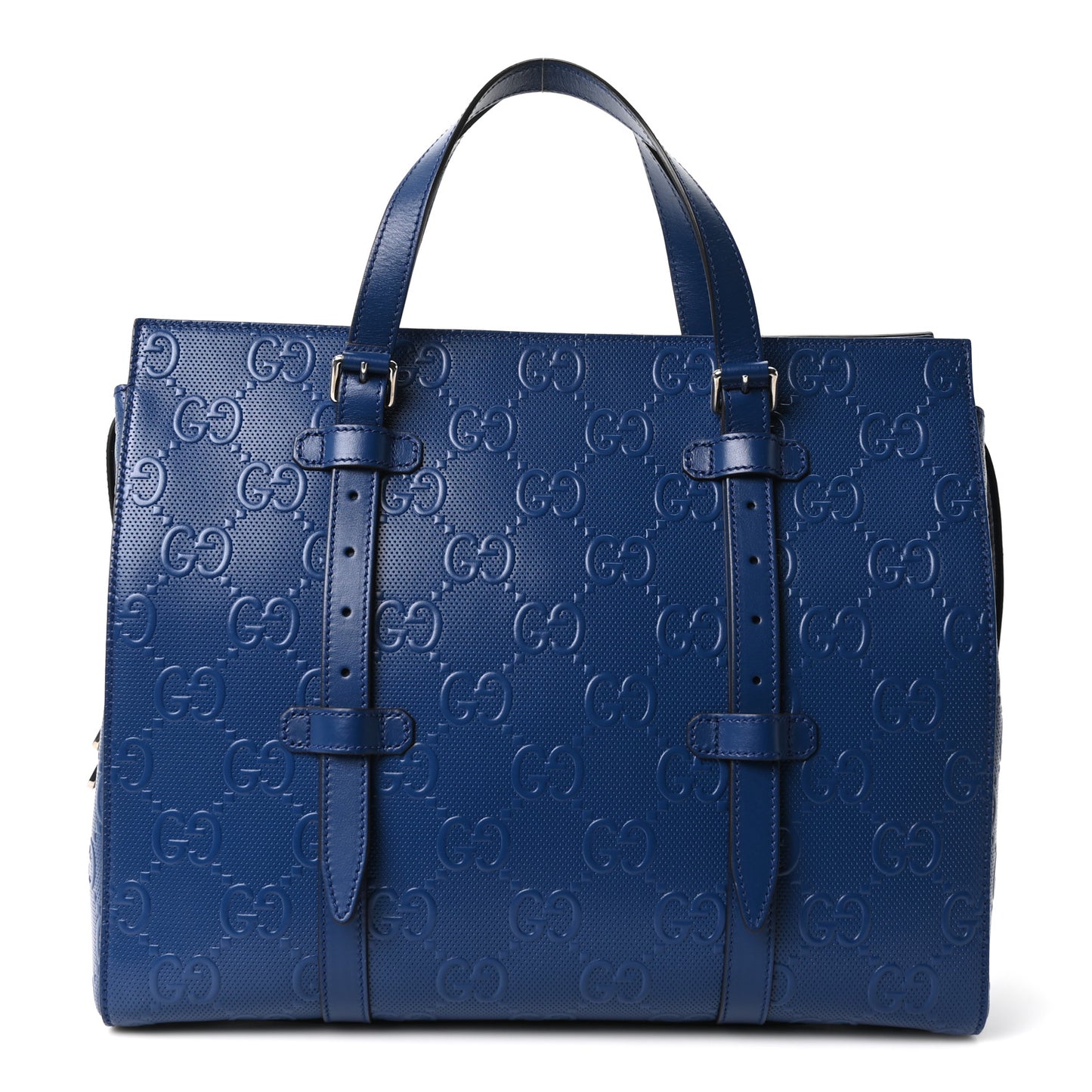 Calfskin GG Tennis Embossed Tote Bag Intense Metal Blue