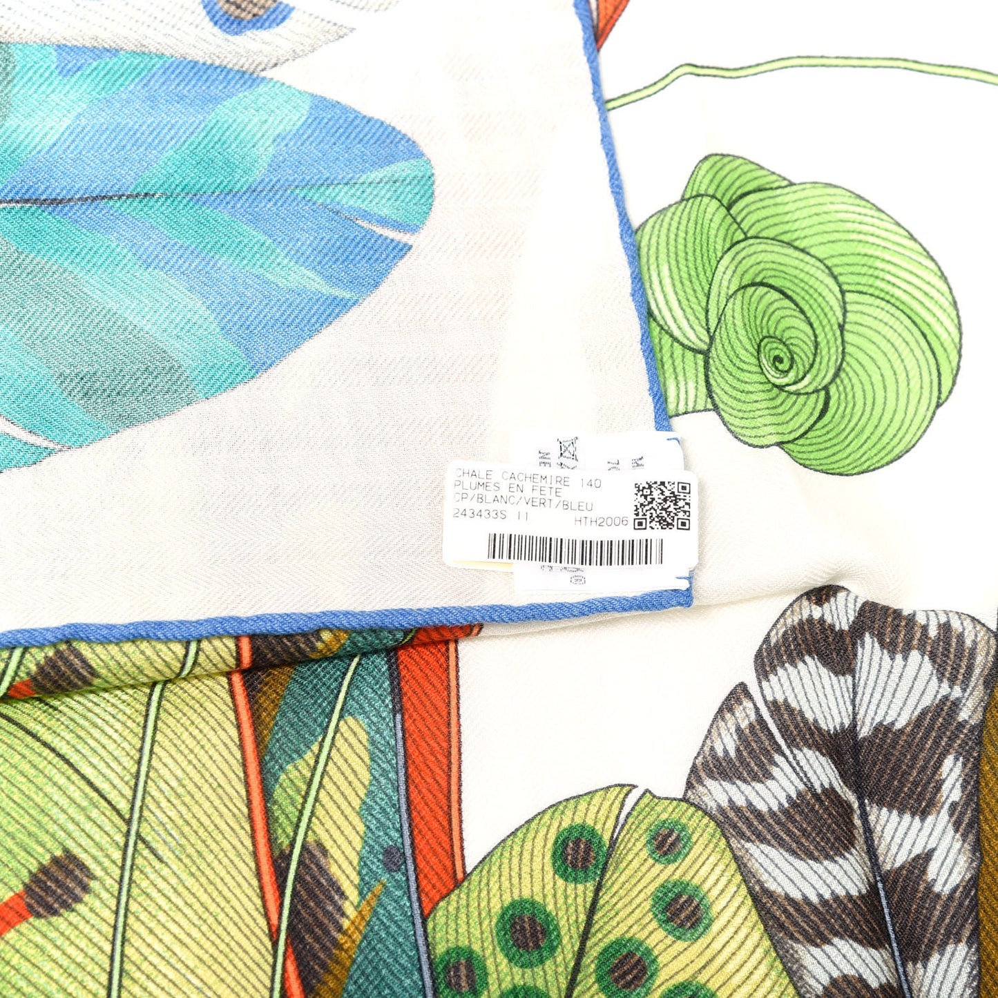 Cashmere Silk Plumes En Fete Shawl 140 White Vert Blue