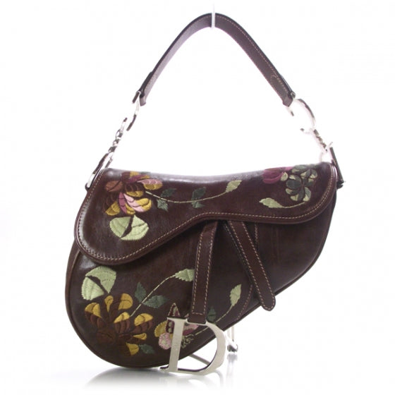 Christian Dior Calfskin Floral Embroidered Saddle Bag Brown 1 of 10