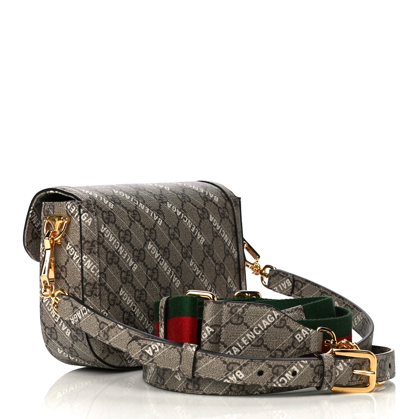 X BALENCIAGA GG Supreme Monogram Web Logo Print Mini Horsebit 1955 Shoulder Bag Beige Ebony