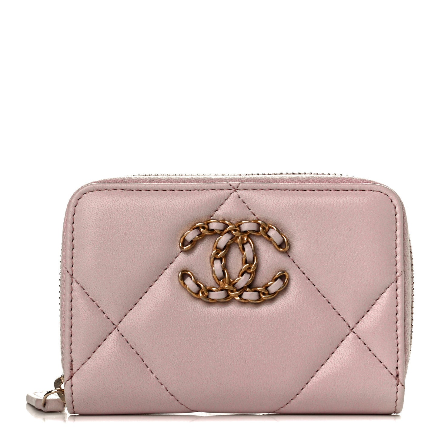 Lambskin Quilted Chanel 19 Zip Around Coin Purse Wallet Light Pink