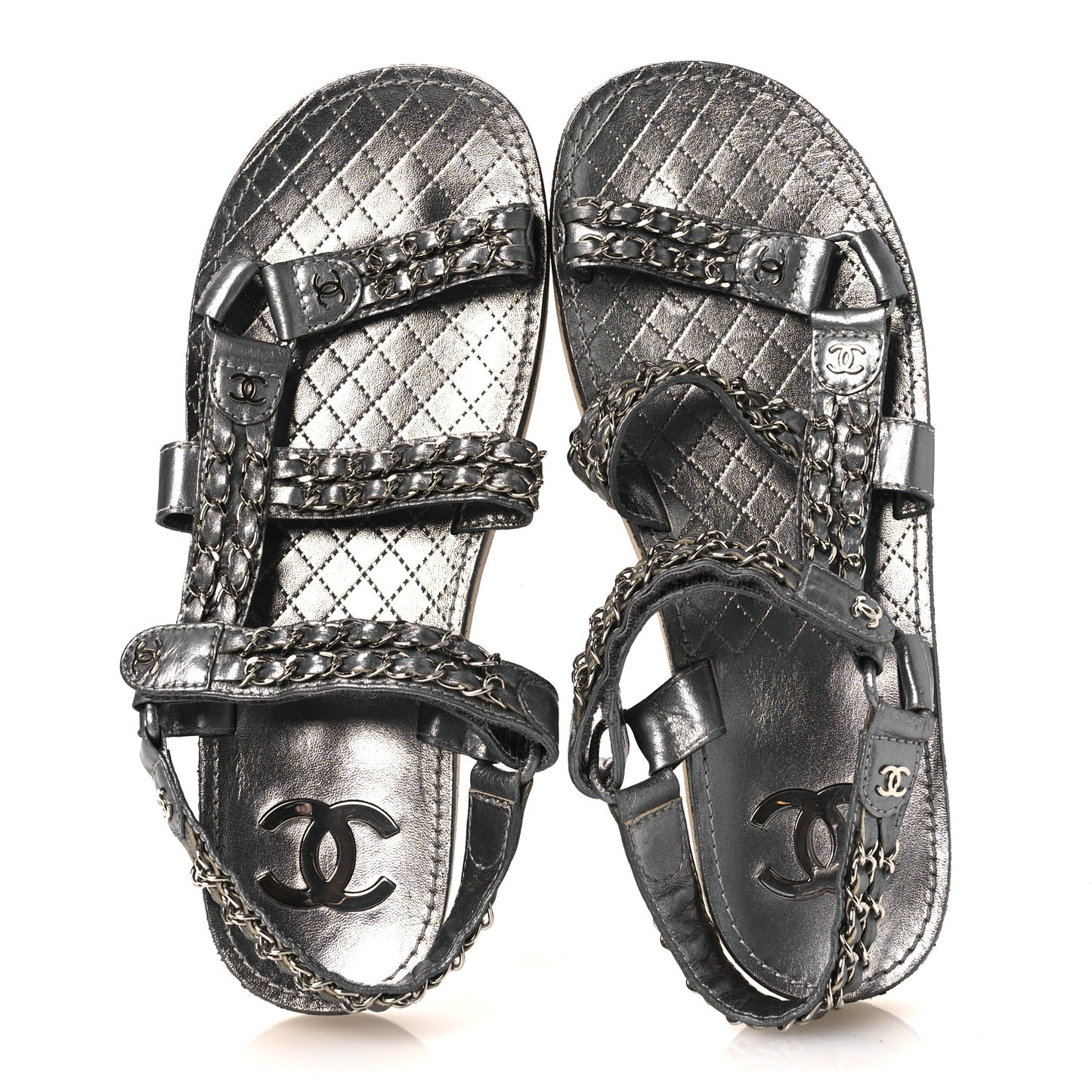 Metallic Laminated Goatskin Chain Flat Sandals 39 Dark Silver