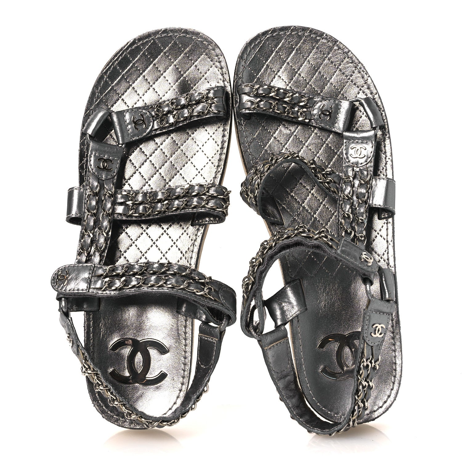 Chanel Metallic Laminated Goatskin Chain Flat Sandals 39 Dark Silver 2 of 12