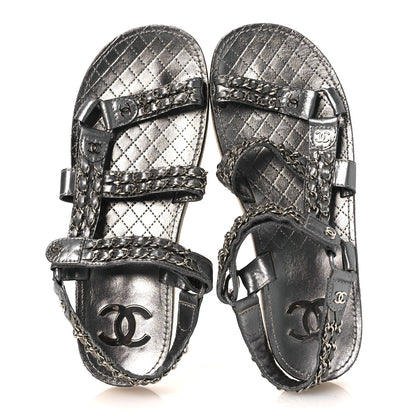 Chanel Metallic Laminated Goatskin Chain Flat Sandals 39 Dark Silver 2 of 12