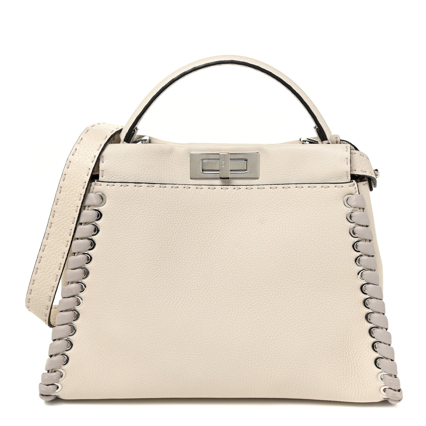 Cuoio Romano Selleria Vitello Dolce Lace Up Medium Peekaboo Iconic Satchel Camelia Milk Grigio Polvere