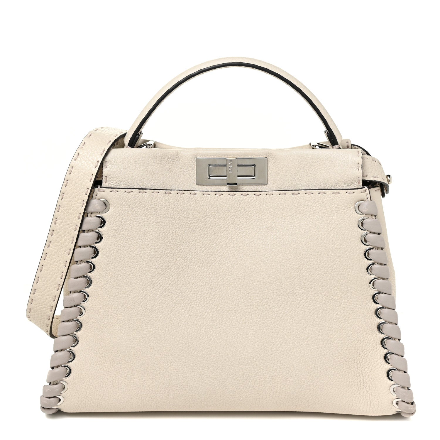 Fendi Cuoio Romano Selleria Vitello Dolce Lace Up Medium Peekaboo Iconic Satchel Camelia Milk Grigio Polvere 1 of 15