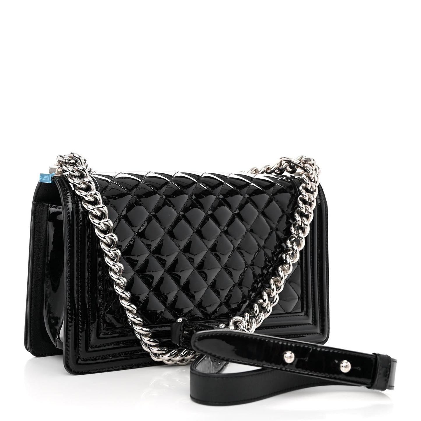 Patent Calfskin Quilted Medium Plexiglass Boy Flap Black