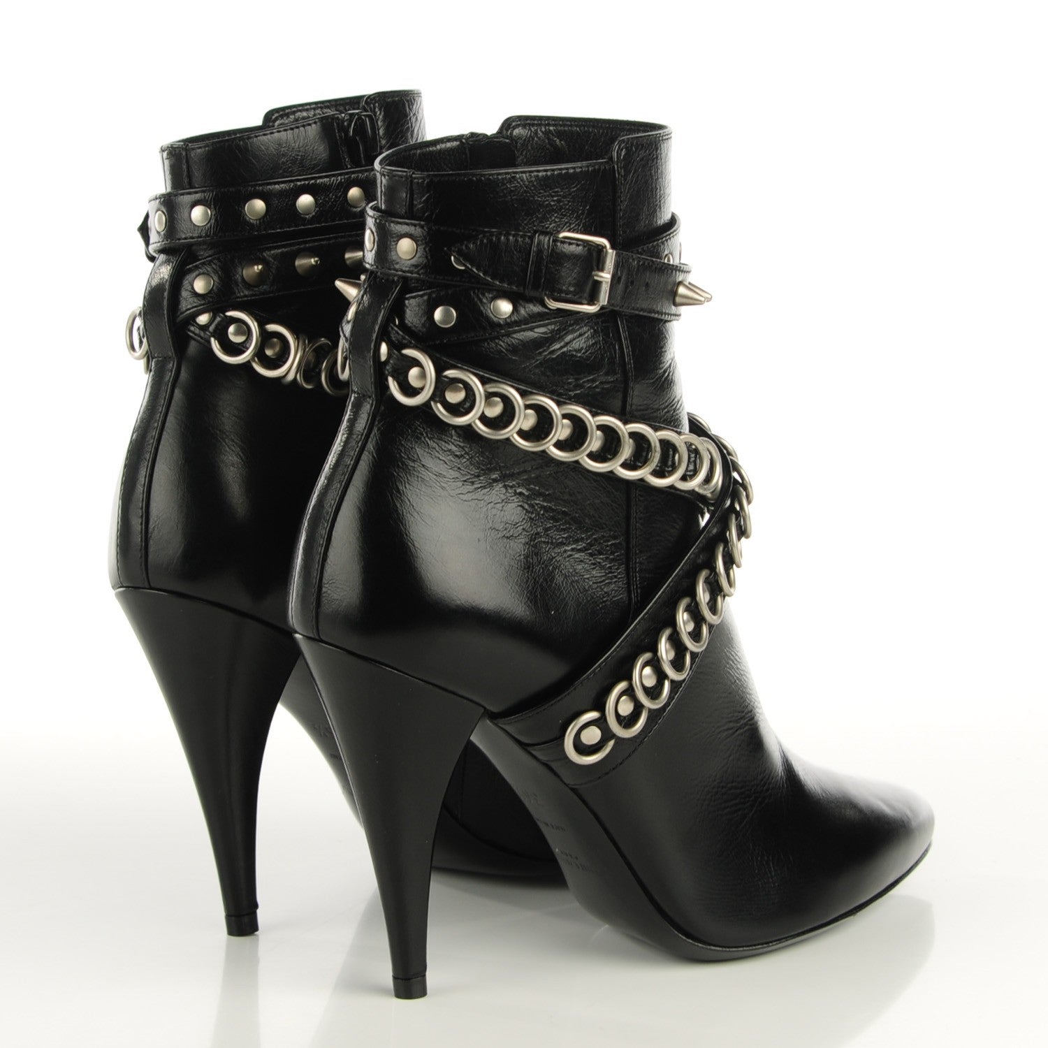 Saint Laurent Shiny Calfskin Multi-Studded Strap Fetish 105 Ankle Boots 36 Black 4 of 8