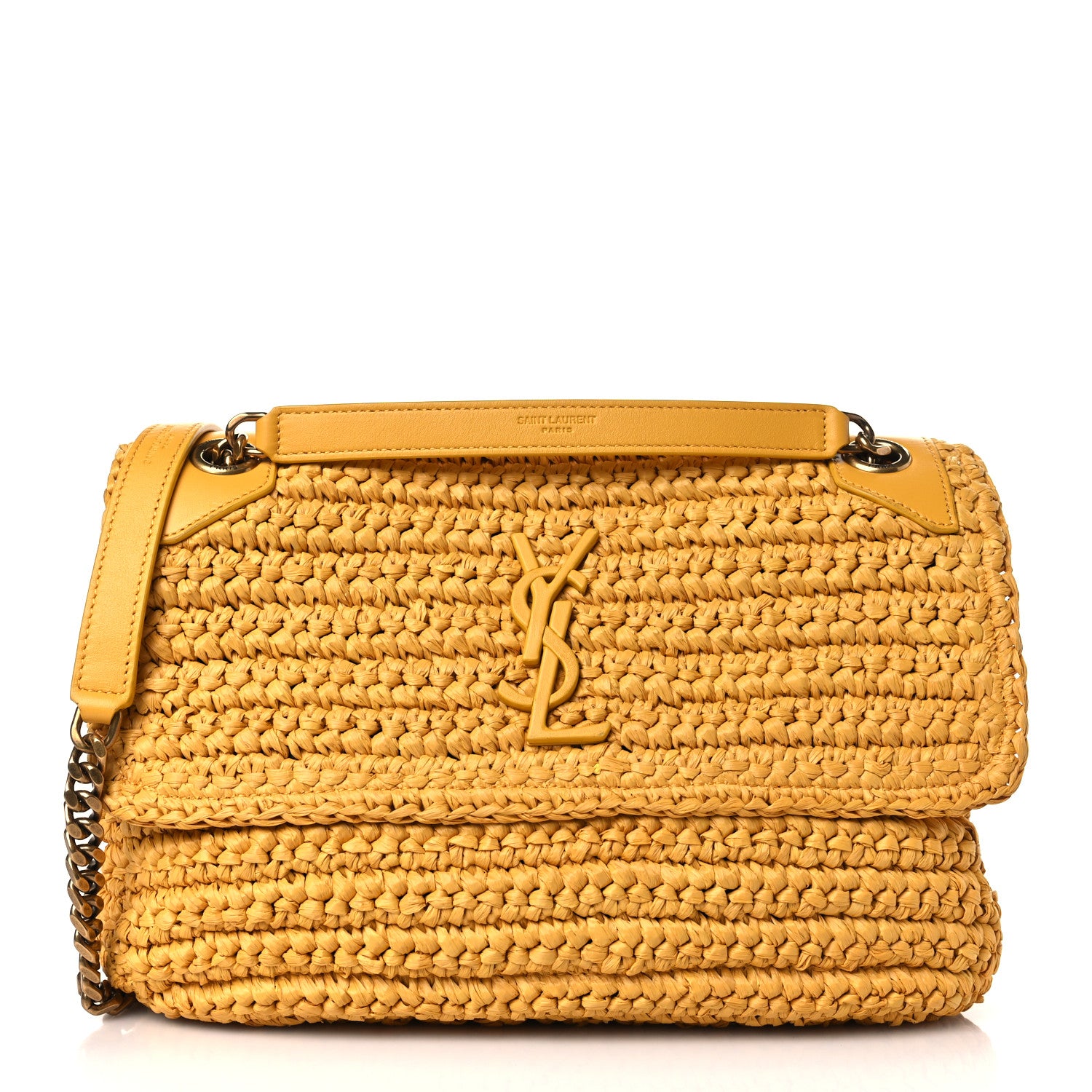 SAINT LAURENT Raffia Calfskin Monogram Medium Niki Chain Satchel in the color Yellow by FASHIONPHILE