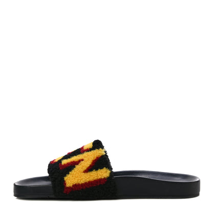 Fendi Shearling Logo Mens Slide Sandals 8.5 Black Giallo Ribes 1 of 12