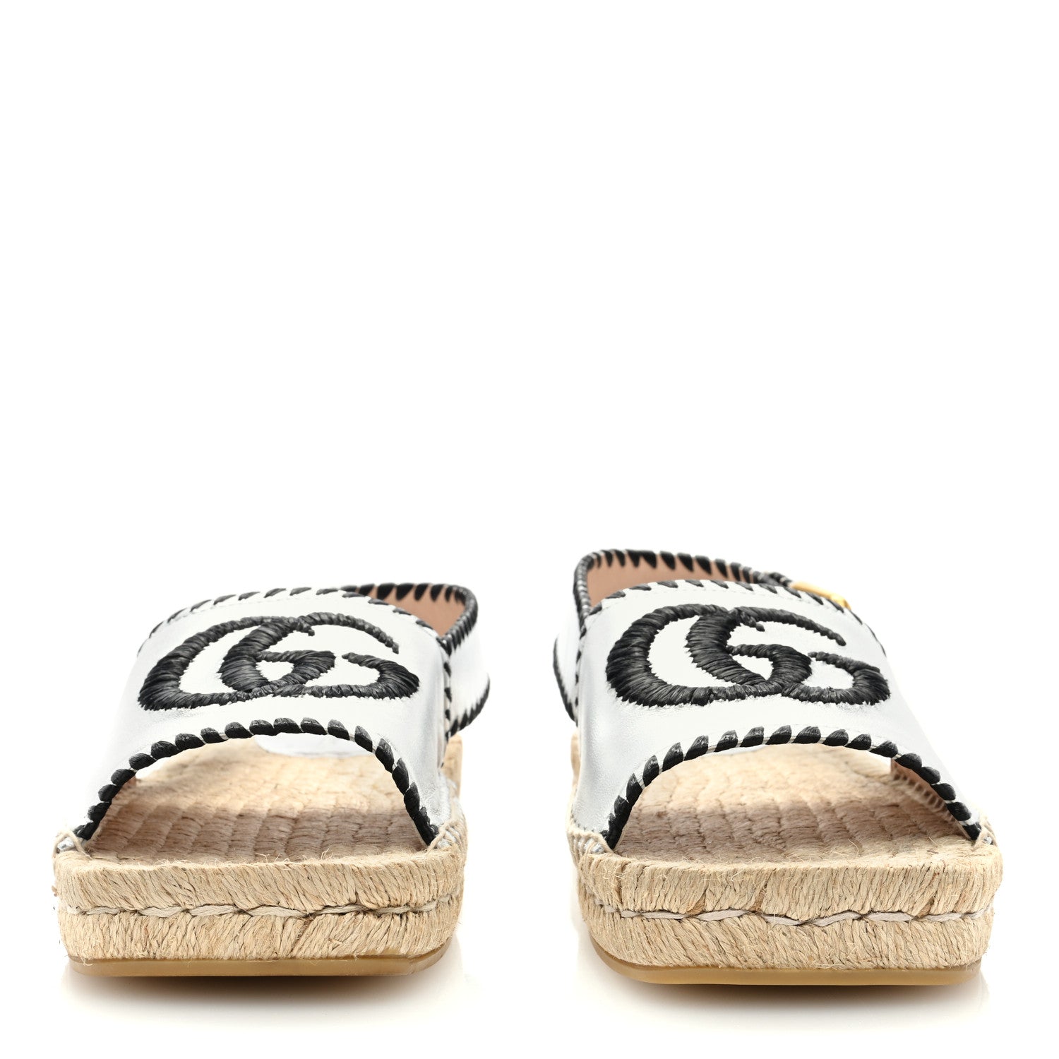 Gucci Metallic Nappa Embroidered Double G Espadrille Slingback Sandals 40 Silver 3 of 7