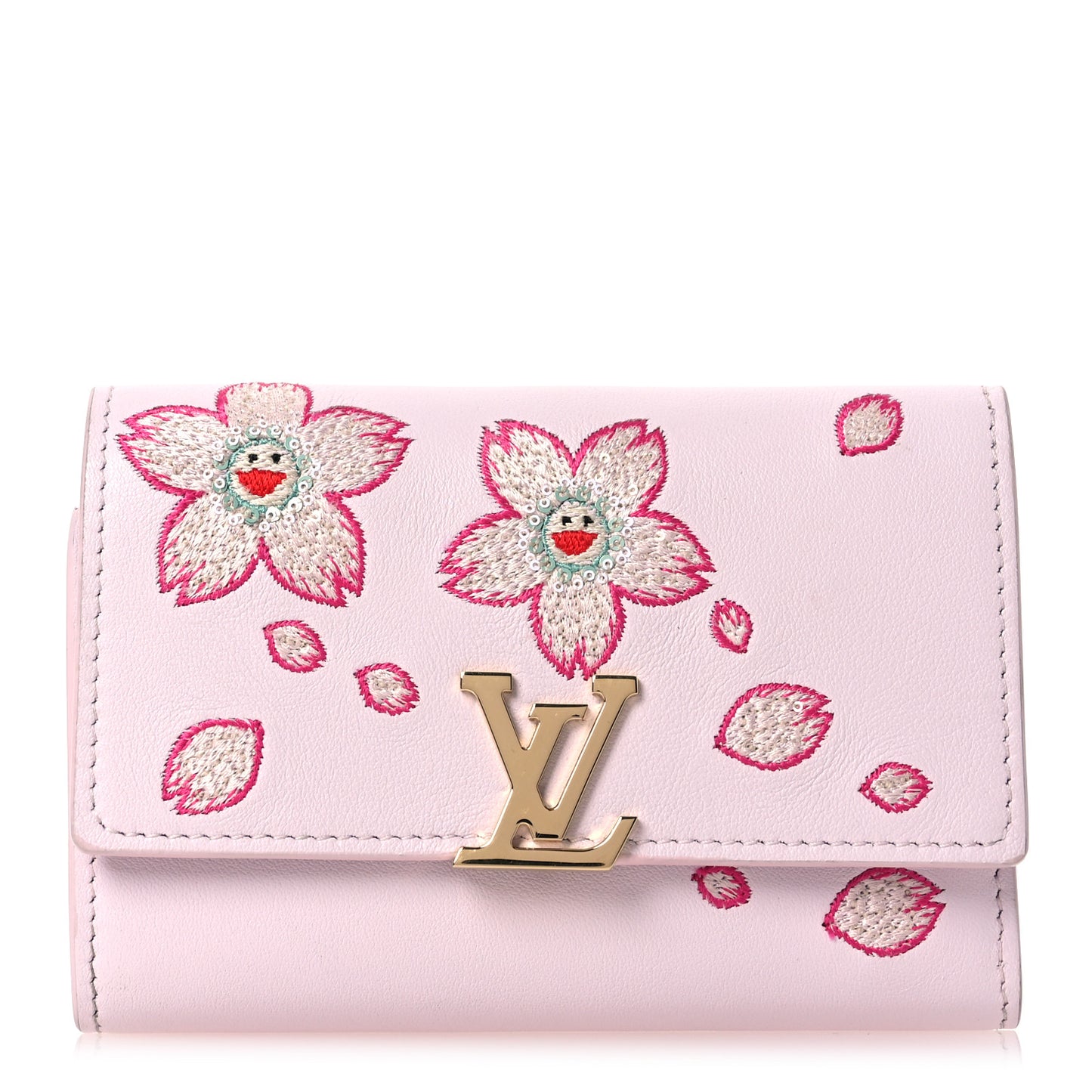 LV X TM Lambskin Embroidered Cherry Blossom Capucines Compact Wallet Pink