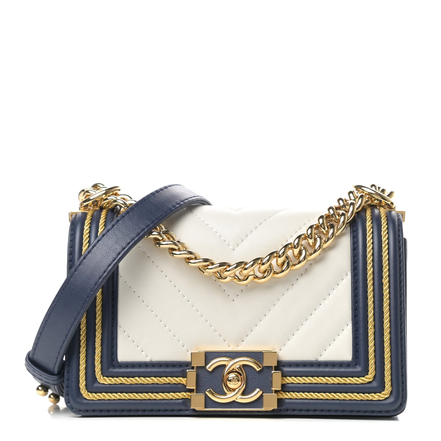 Calfskin Chevron Quilted Braided Small Boy Flap White Navy