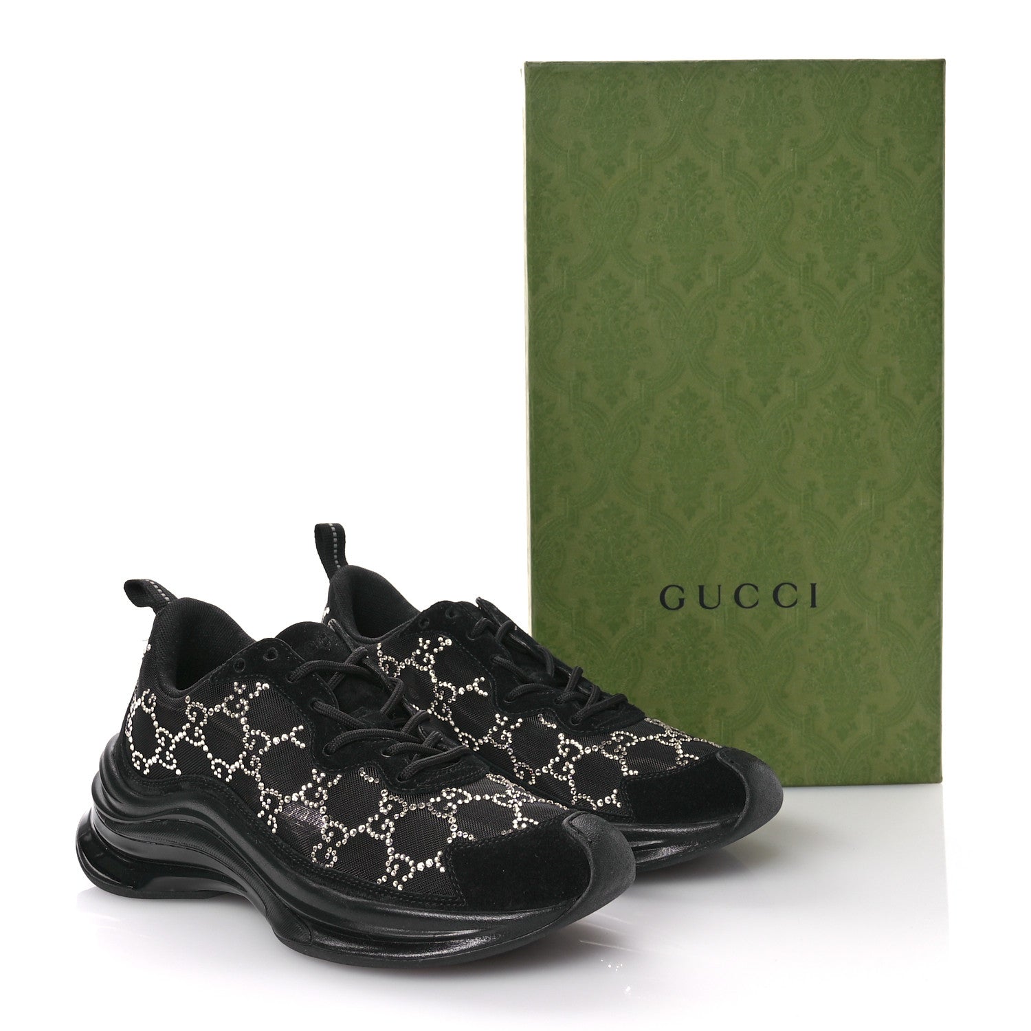 Gucci Tela Retino Mesh Crystal Suede GG Monogram Womens Gucci Run Sneakers 37 Black Silver 9 of 9