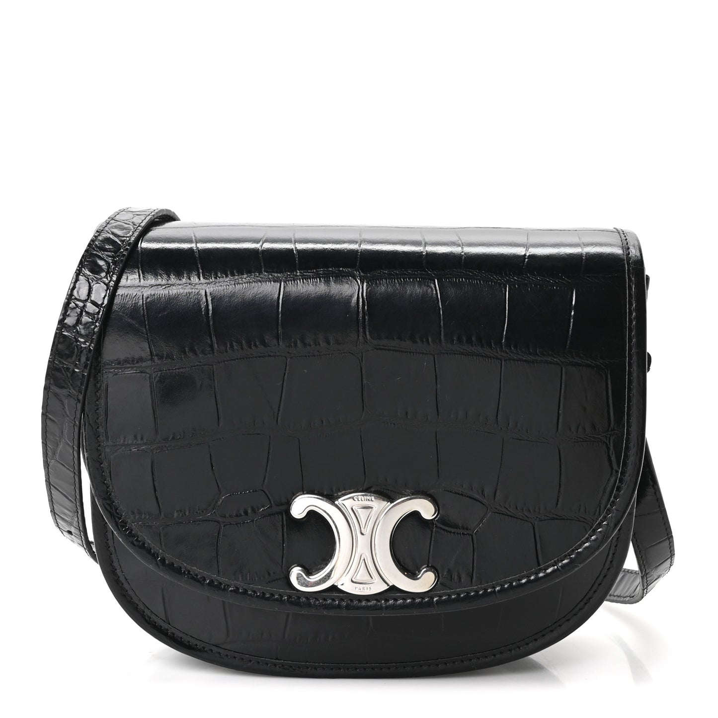 Calfskin Crocodile Embossed Medium Triomphe Besace Black