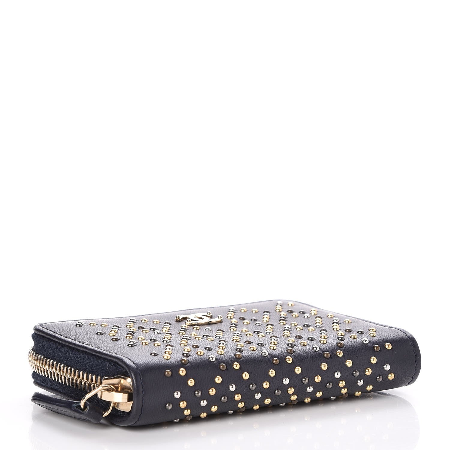 Chanel Lambskin Studded Zip Around Coin Purse Wallet Dark Navy 4 of 8