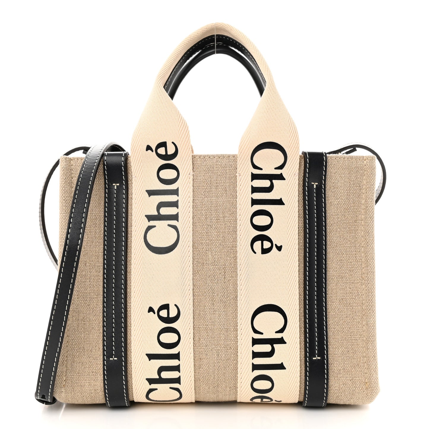 Linen Calfskin Small Woody Ribbon Tote White Black